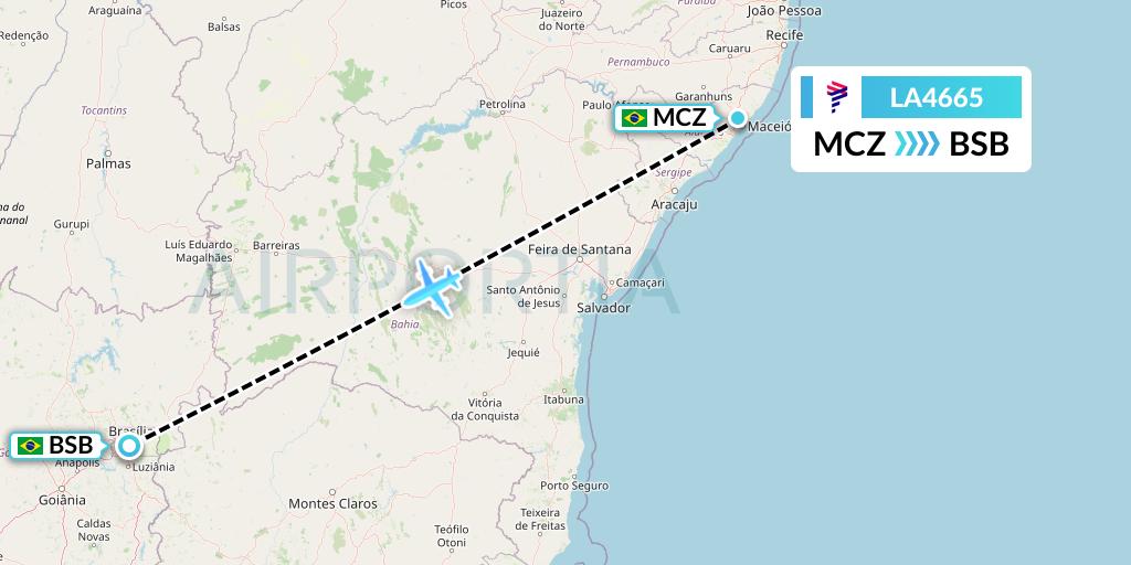 LA4665 LAN Airlines Flight Map: Maceio to Brasilia