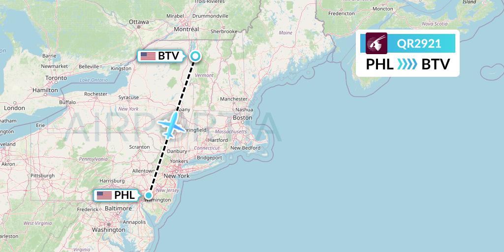 QR2921 Qatar Airways Flight Map: Philadelphia to Burlington