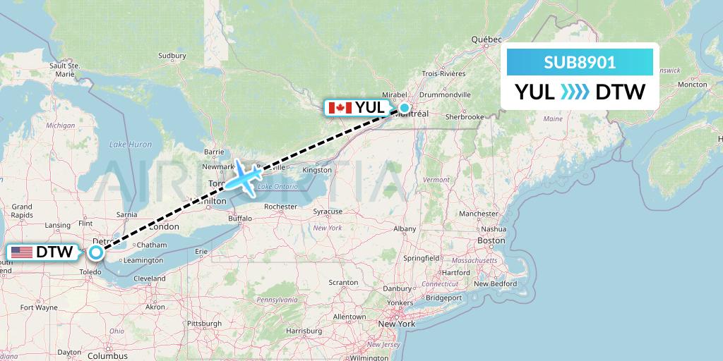 SUB8901 Suburban Air Freight Flight Map: Montreal to Detroit