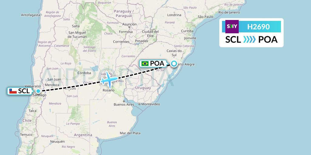 H2690 Sky Airline Flight Map: Santiago to Porto Alegre
