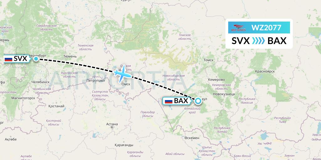 WZ2077 Red Wings Flight Map: Yekaterinburg to Barnaul