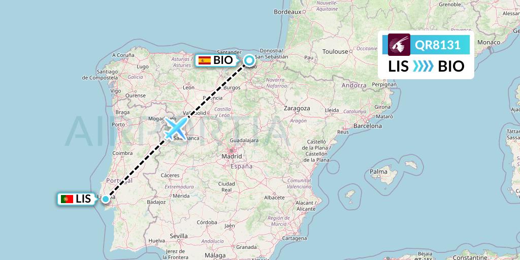 QR8131 Qatar Airways Flight Map: Lisbon to Bilbao
