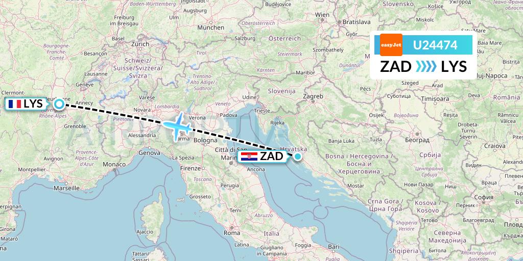 U24474 EasyJet Flight Map: Zadar to Lyon
