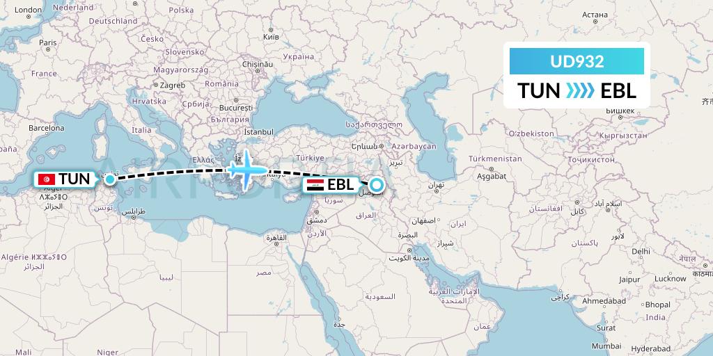 UD932 UR Airlines Flight Map: Tunis to Arbil
