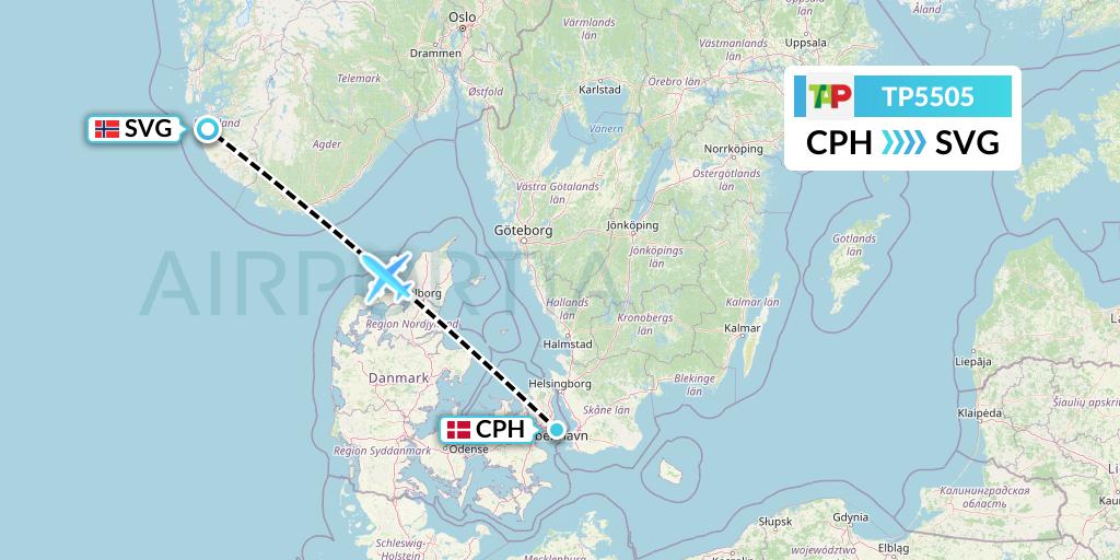 TP5505 TAP Portugal Flight Map: Copenhagen to Stavanger