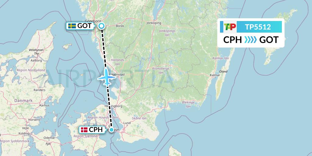 TP5512 TAP Portugal Flight Map: Copenhagen to Gothenburg