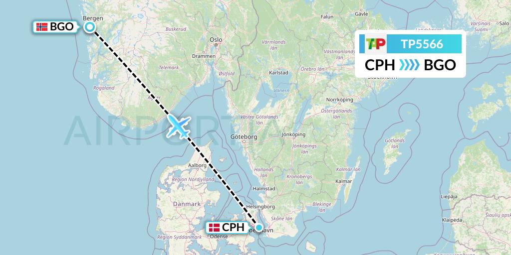 TP5566 TAP Portugal Flight Map: Copenhagen to Bergen
