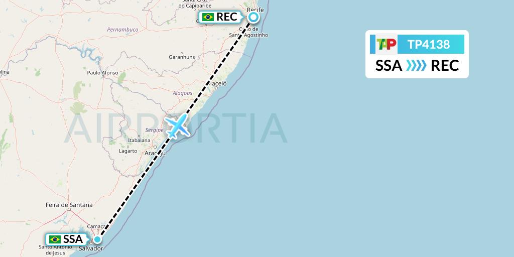 TP4138 TAP Portugal Flight Map: Salvador to Recife