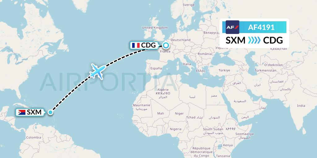 AF4191 Air France Flight Map: Sint Maarten to Paris