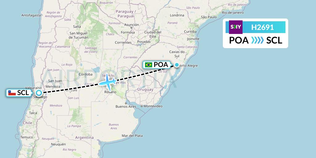 H2691 Sky Airline Flight Map: Porto Alegre to Santiago