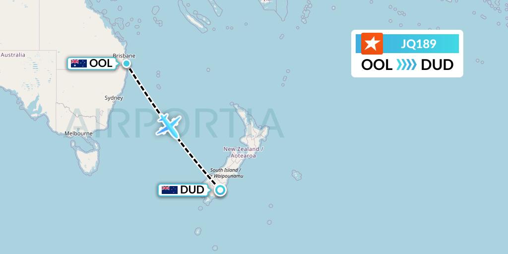 JQ189 Jetstar Airways Flight Map: Gold Coast to Dunedin