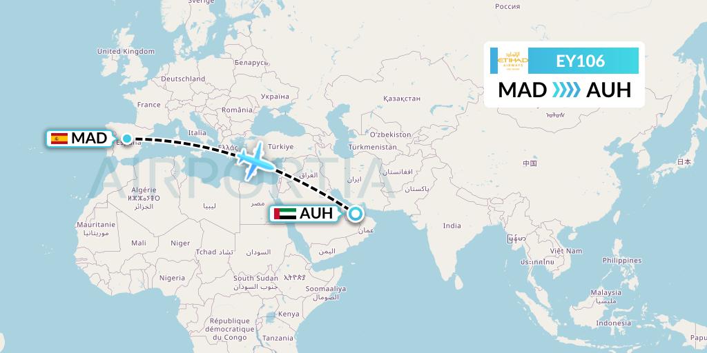 EY106 Etihad Airways Flight Map: Madrid to Abu Dhabi