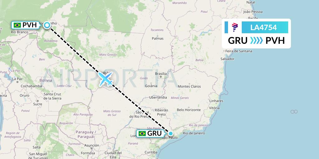 LA4754 LAN Airlines Flight Map: Sao Paulo to Porto Velho