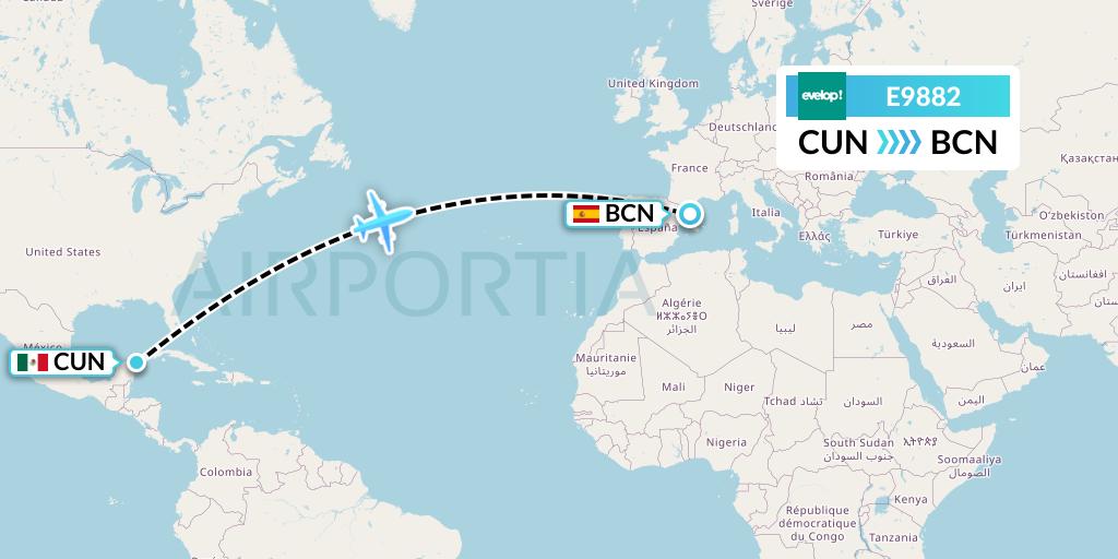 E9882 Evelop Airlines Flight Map: Cancun to Barcelona