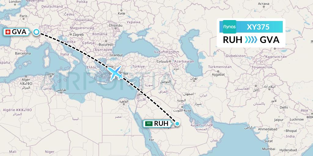 XY375 Flynas Flight Map: Riyadh to Geneva