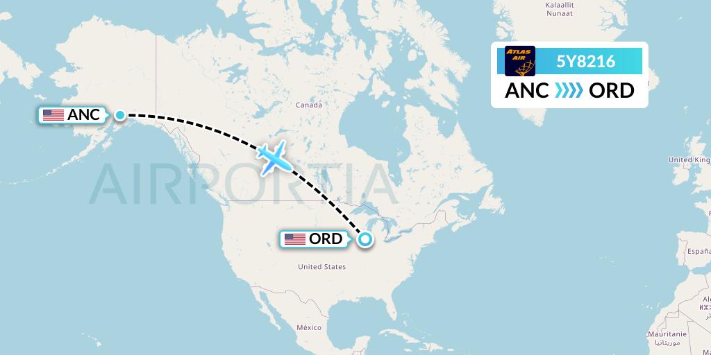 5Y8216 Atlas Air Flight Map: Anchorage to Chicago