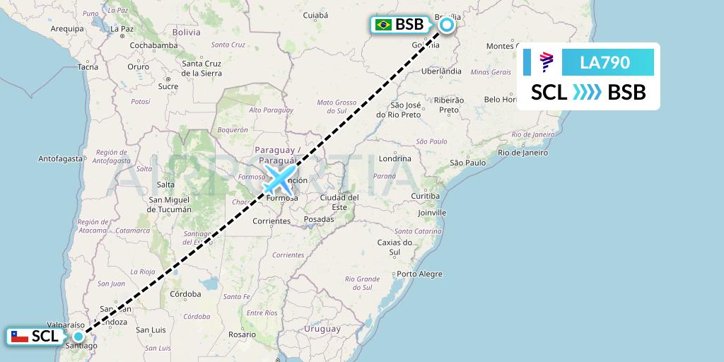 LA790 LAN Airlines Flight Map: Santiago to Brasilia