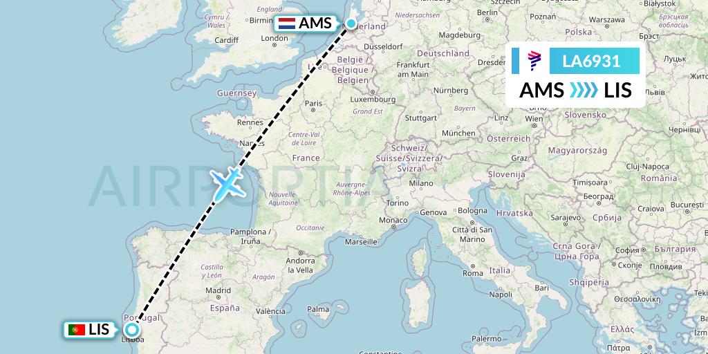 LA6931 LAN Airlines Flight Map: Amsterdam to Lisbon