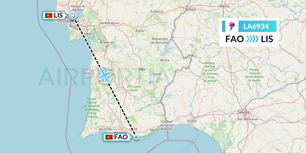 LA6934 LAN Airlines Flight Map: Faro to Lisbon