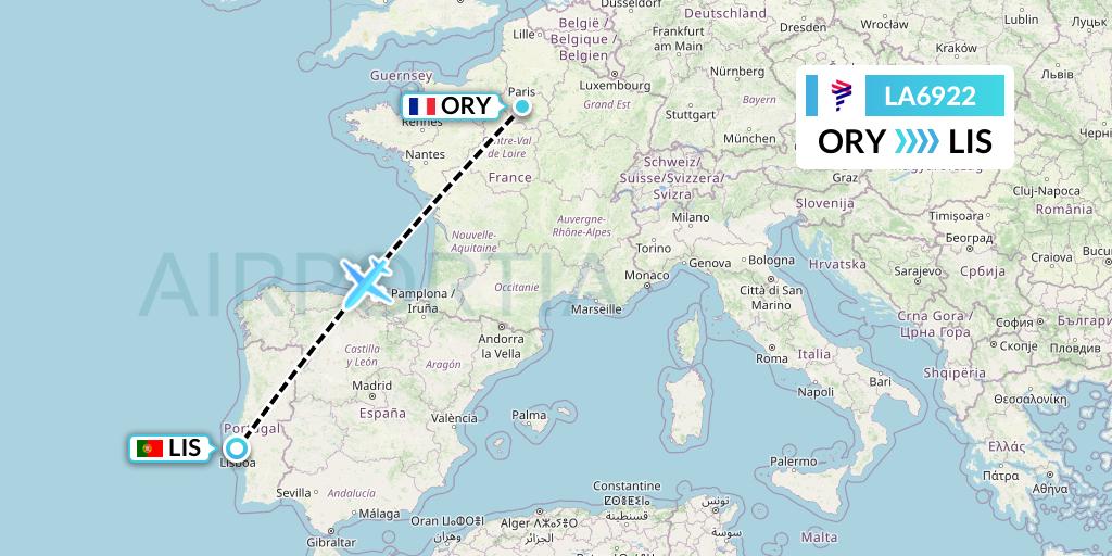 LA6922 LAN Airlines Flight Map: Paris to Lisbon