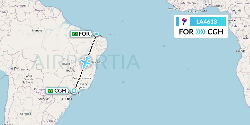 LA4613 LAN Airlines Flight Map: Fortaleza to Sao Paulo