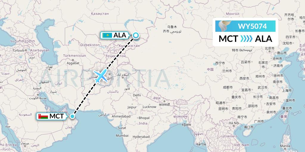 WY5074 Oman Air Flight Map: Muscat to Almaty