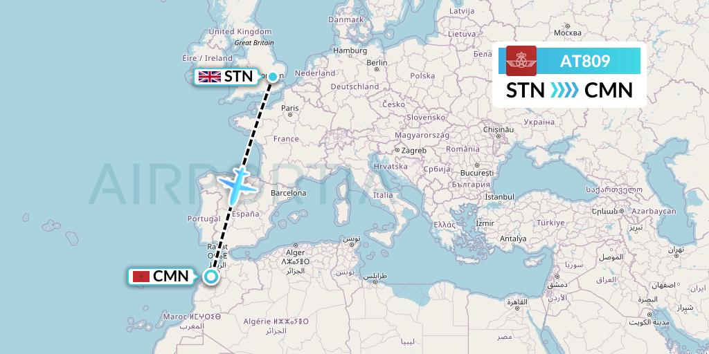 AT809 Royal Air Maroc Flight Map: London to Casablanca