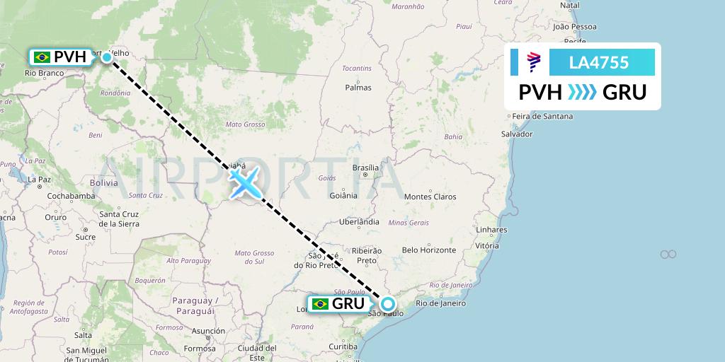 LA4755 LAN Airlines Flight Map: Porto Velho to Sao Paulo