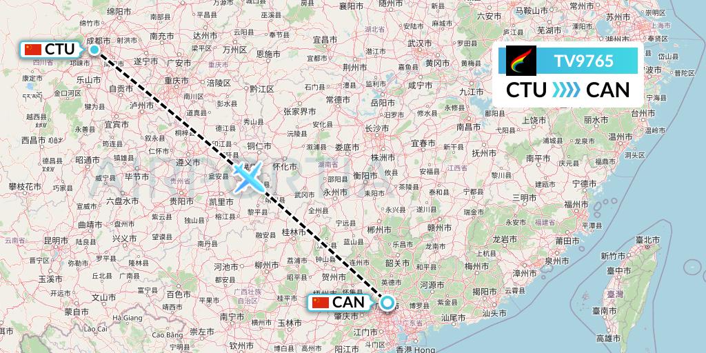 TV9765 Tibet Airlines Flight Map: Chengdu to Guangzhou