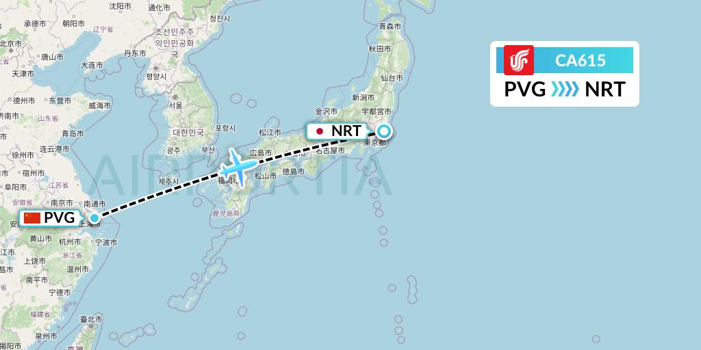 CA615 Air China Flight Map: Shanghai to Tokyo