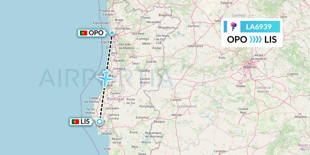 LA6939 LAN Airlines Flight Map: Porto to Lisbon