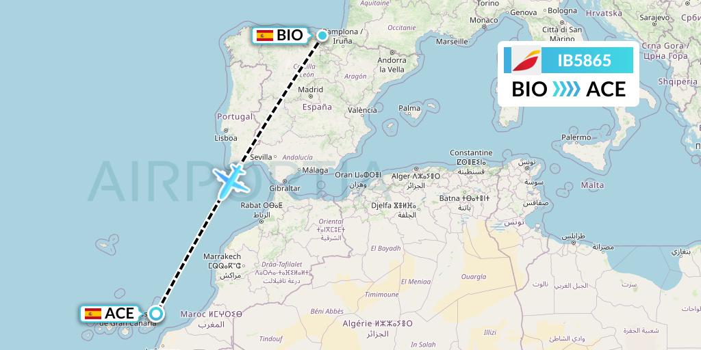 IB5865 Iberia Flight Map: Bilbao to Lanzarote