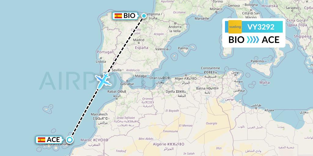 VY3292 Vueling Flight Map: Bilbao to Lanzarote