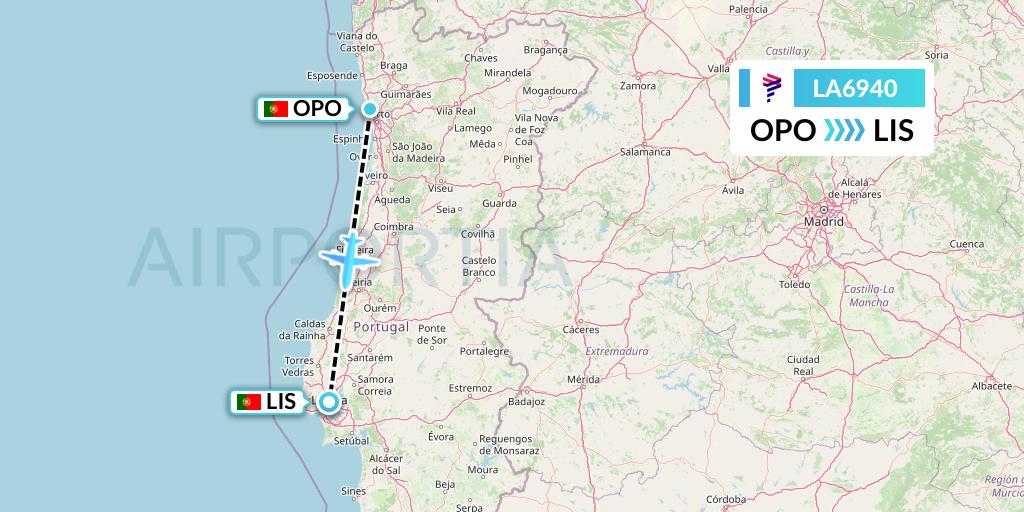 LA6940 LATAM Airlines Flight Map: Porto to Lisbon