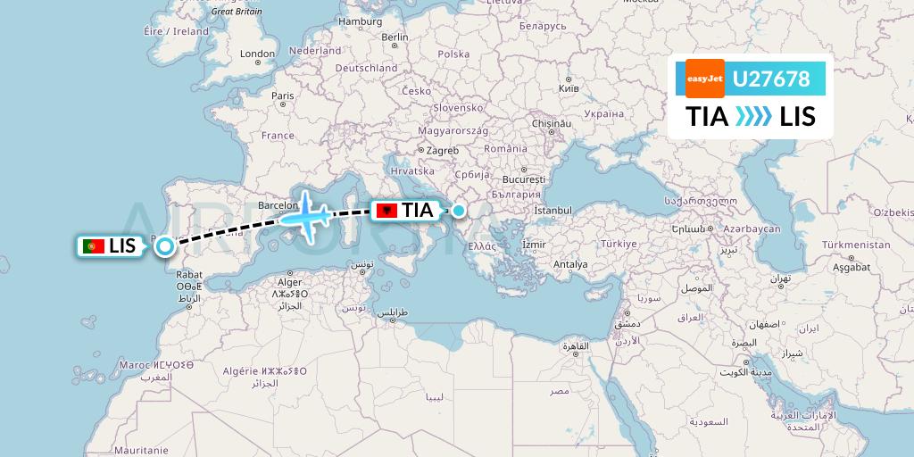 U27678 EasyJet Flight Map: Tirana to Lisbon