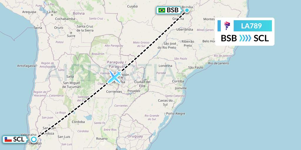 LA789 LAN Airlines Flight Map: Brasilia to Santiago