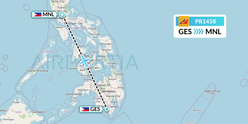 PR1458 Philippine Airlines Flight Map: General Santos to Manila
