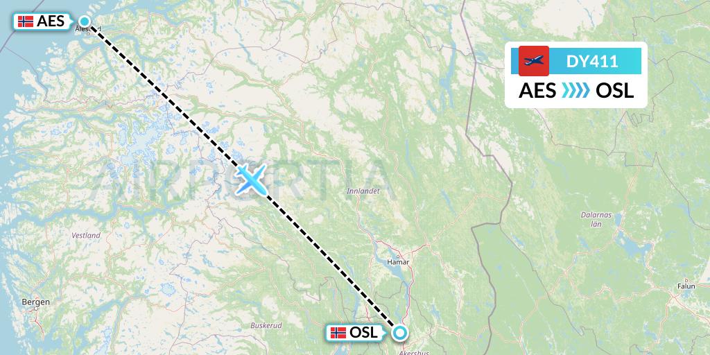 DY411 Norwegian Flight Map: Alesund to Oslo