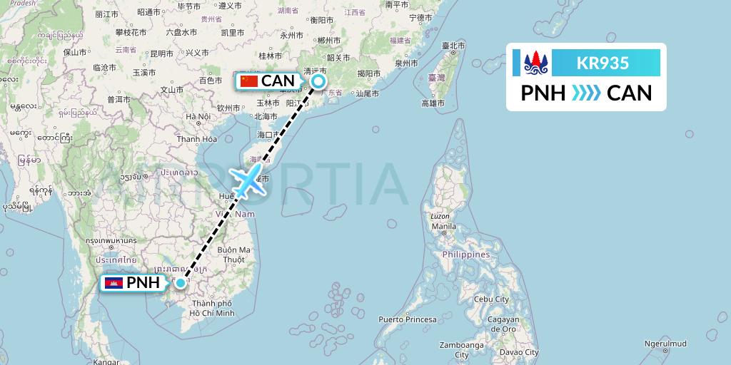 KR935 Cambodia Airways Flight Map: Phnom Penh to Guangzhou