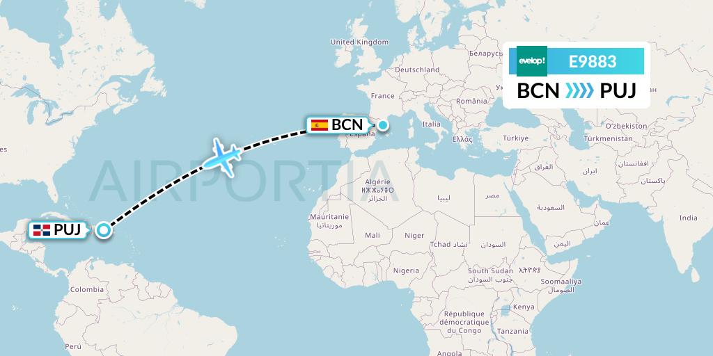 E9883 Evelop Airlines Flight Map: Barcelona to Punta Cana