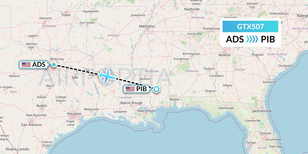 GTX507 GTA Air Flight Map: Dallas to Hattiesburg