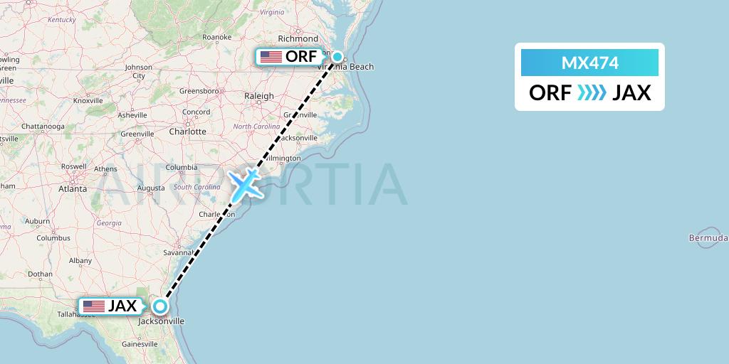 MX474 Breeze Airways Flight Map: Norfolk to Jacksonville