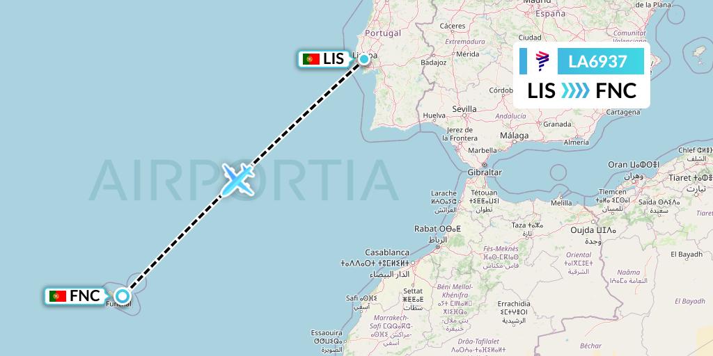 LA6937 LAN Airlines Flight Map: Lisbon to Funchal