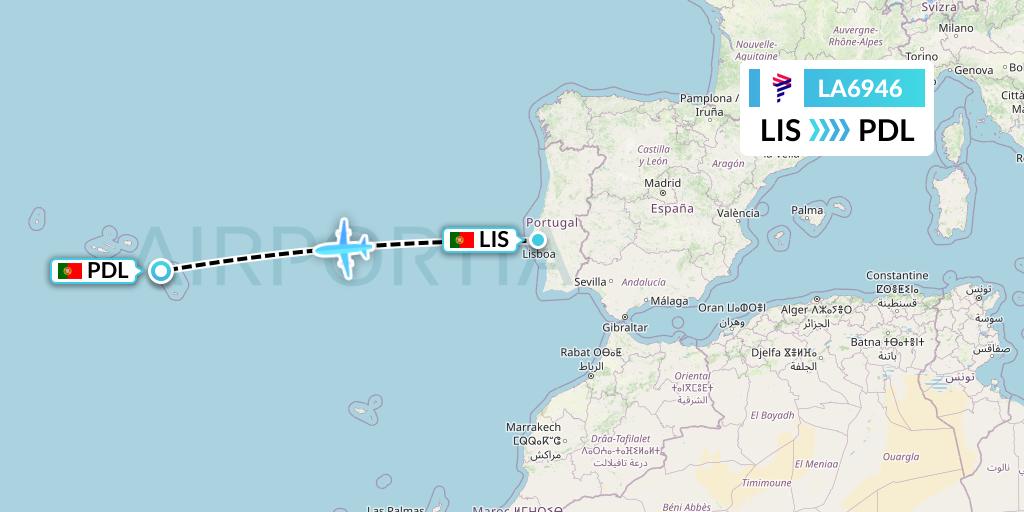 LA6946 LAN Airlines Flight Map: Lisbon to Ponta Delgada