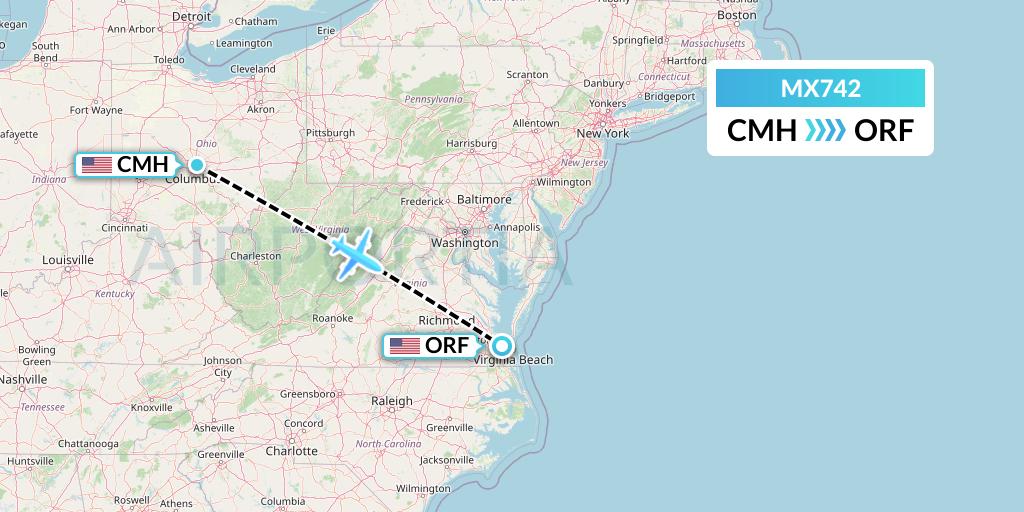 MX742 Breeze Airways Flight Map: Columbus to Norfolk