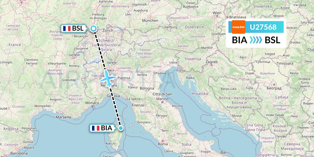 U27568 EasyJet Flight Map: Bastia to Basel