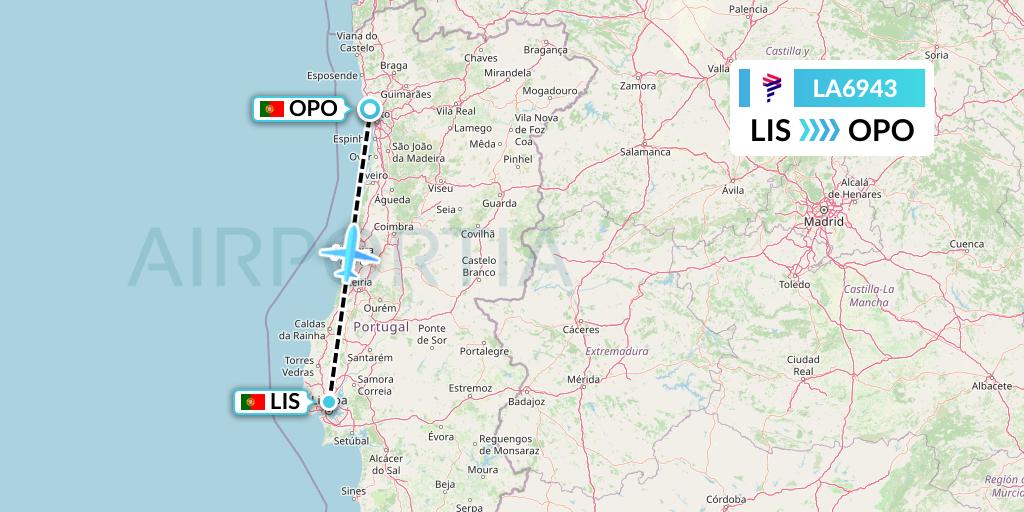LA6943 LAN Airlines Flight Map: Lisbon to Porto