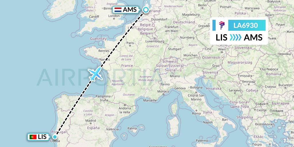 LA6930 LAN Airlines Flight Map: Lisbon to Amsterdam
