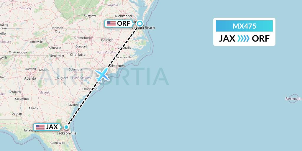 MX475 Breeze Airways Flight Map: Jacksonville to Norfolk