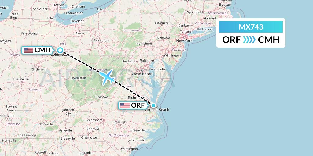 MX743 Breeze Airways Flight Map: Norfolk to Columbus